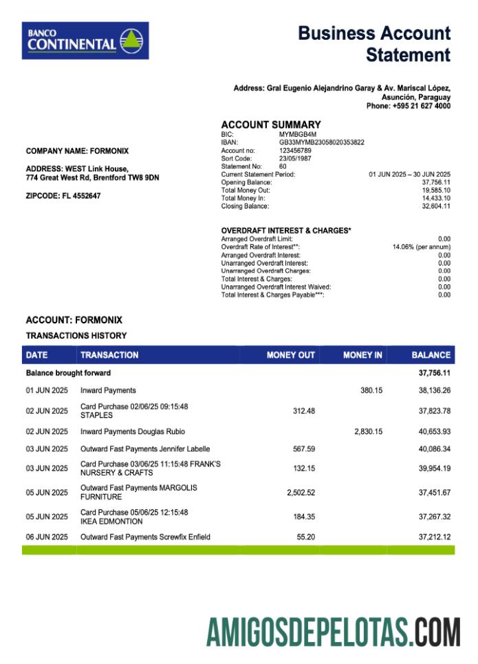 Em branco Paraguaio Banco Continental S.A.E.C.A. Modelo Word e PDF de extrato de conta bancária